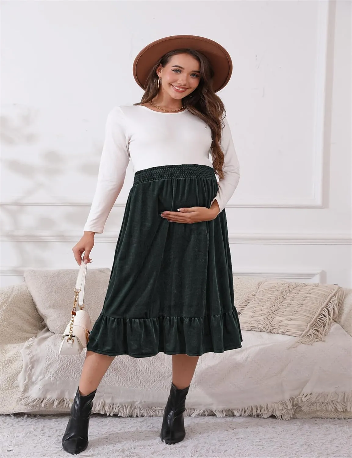 Maternity Skirt Women's High Waist Maternity Skirts Ruffled Tiered Casual A Line Swing Boho Skirts for Women
