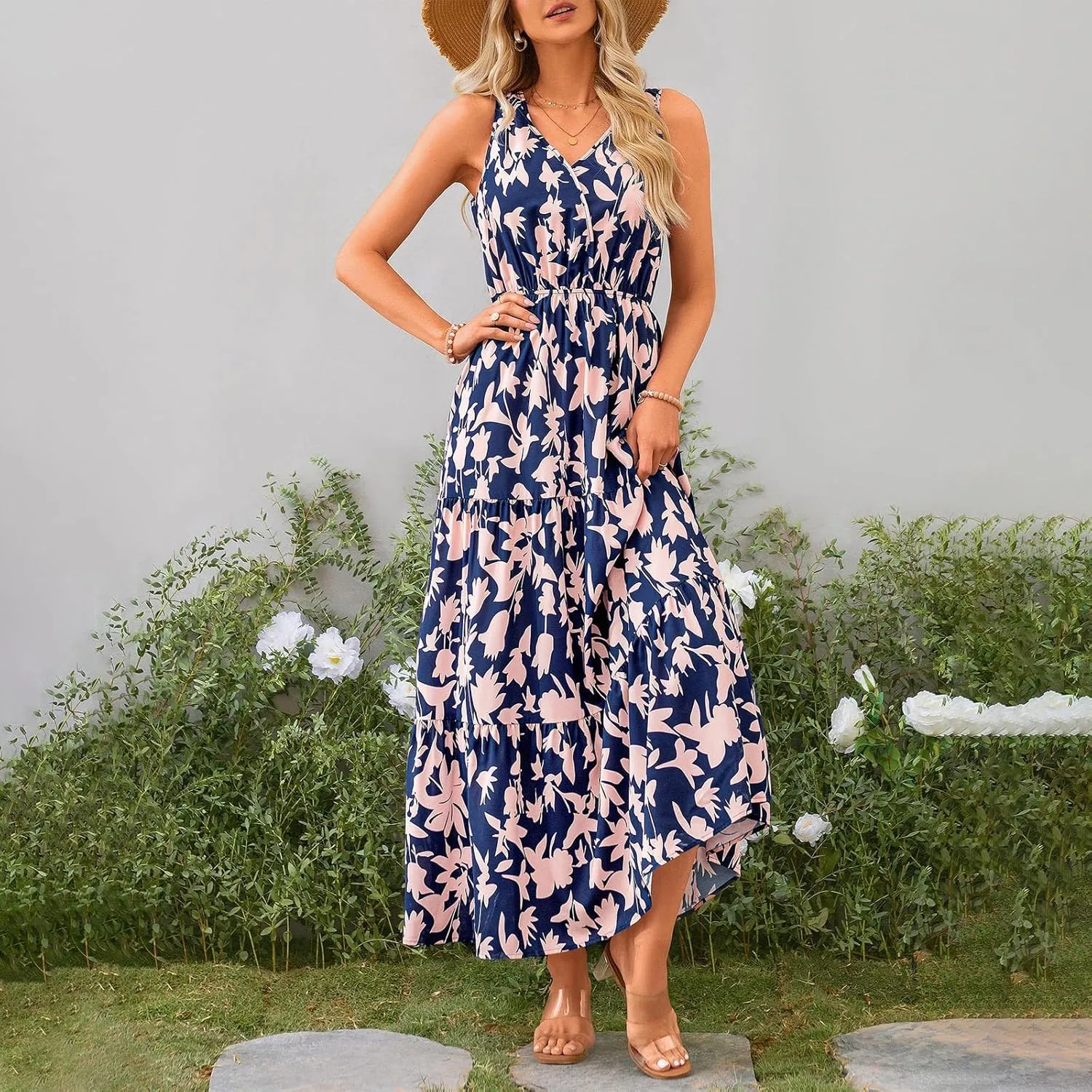 Maxi Dresses for Women Summer Wrap V Neck Long Floral Dress Elegant Formal Wedding Guest Dresses Boho Flowy Sundress