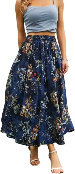 Maxi Skirts for Women with Pockets Long Midi Length Casual Skirt for Beach Party Holiday Blue Floral