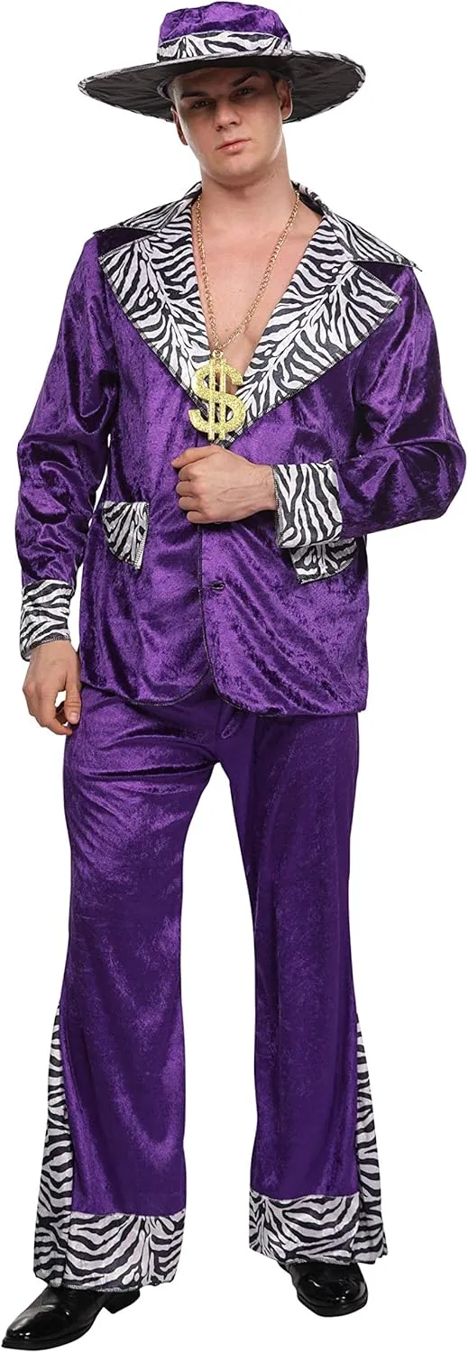 Maxim Party Supplies Adult Player Mack Daddy Hustler Costume Velvet Suit Includes Hat, Suit Jacket, Pants, Gold Chain
