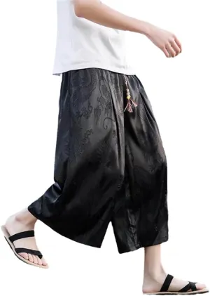 Men Baggy Pants Chinese Style Draped Harem Traditional Wide Leg Male Calf-Length