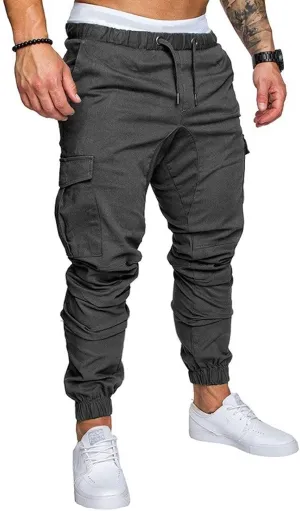 Men Cargo Chino Pants Drawstring Elastic Military Outdoor Slim Sweatpants Dark Grey Size XS