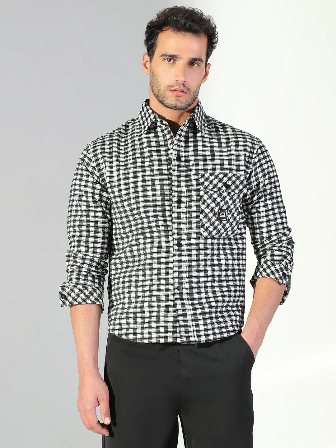 Men Checked Black Shacket