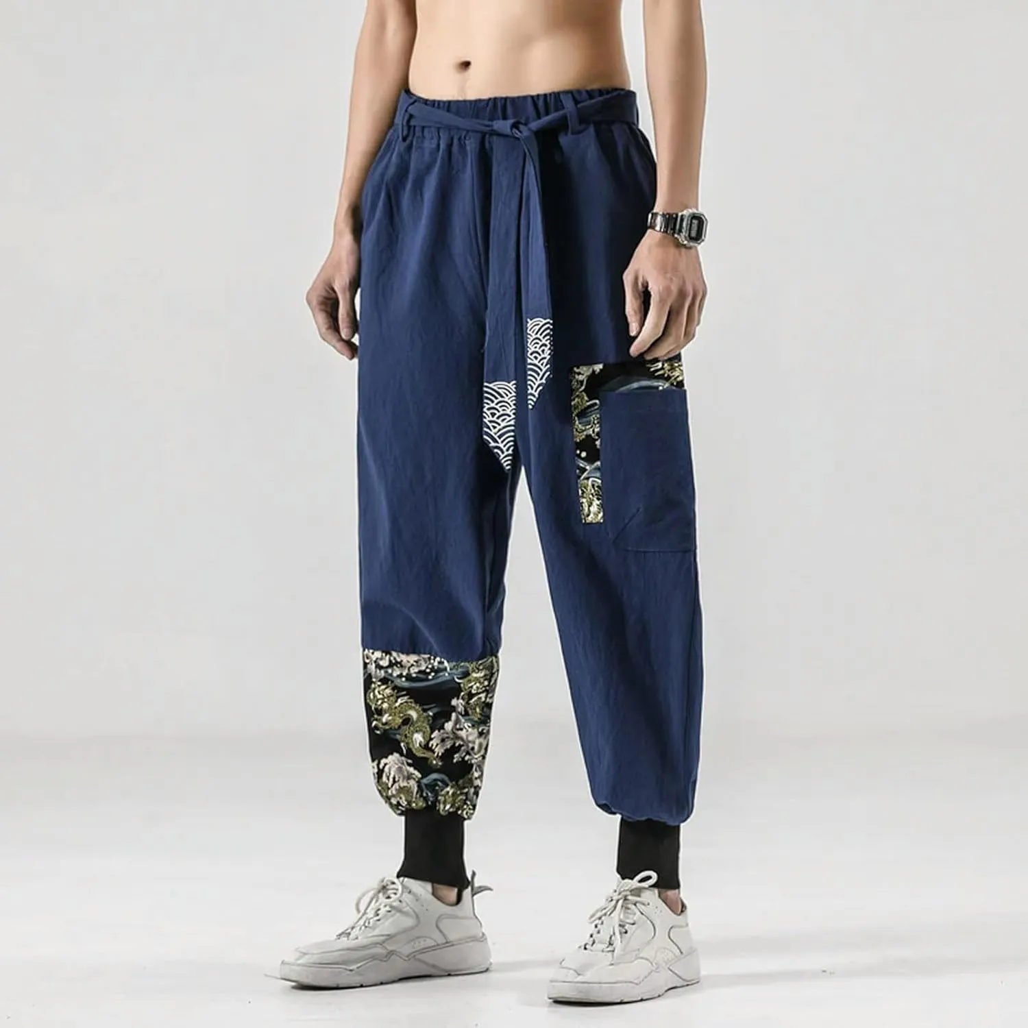 Men Cotton Linen Japanese Costume Print Belt Harem Pants Hip Hop Trousers Plus Size