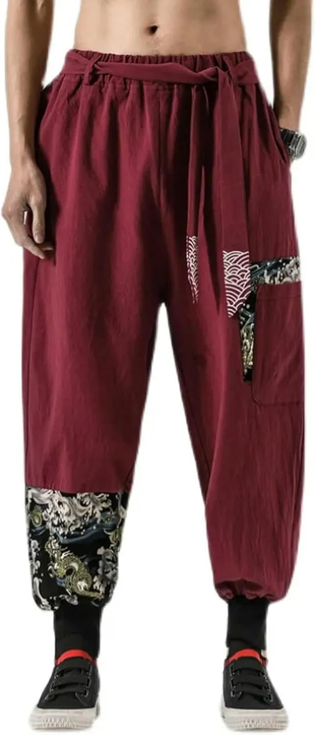 Men Cotton Linen Japanese Costume Print Belt Harem Pants Hip Hop Trousers Plus Size