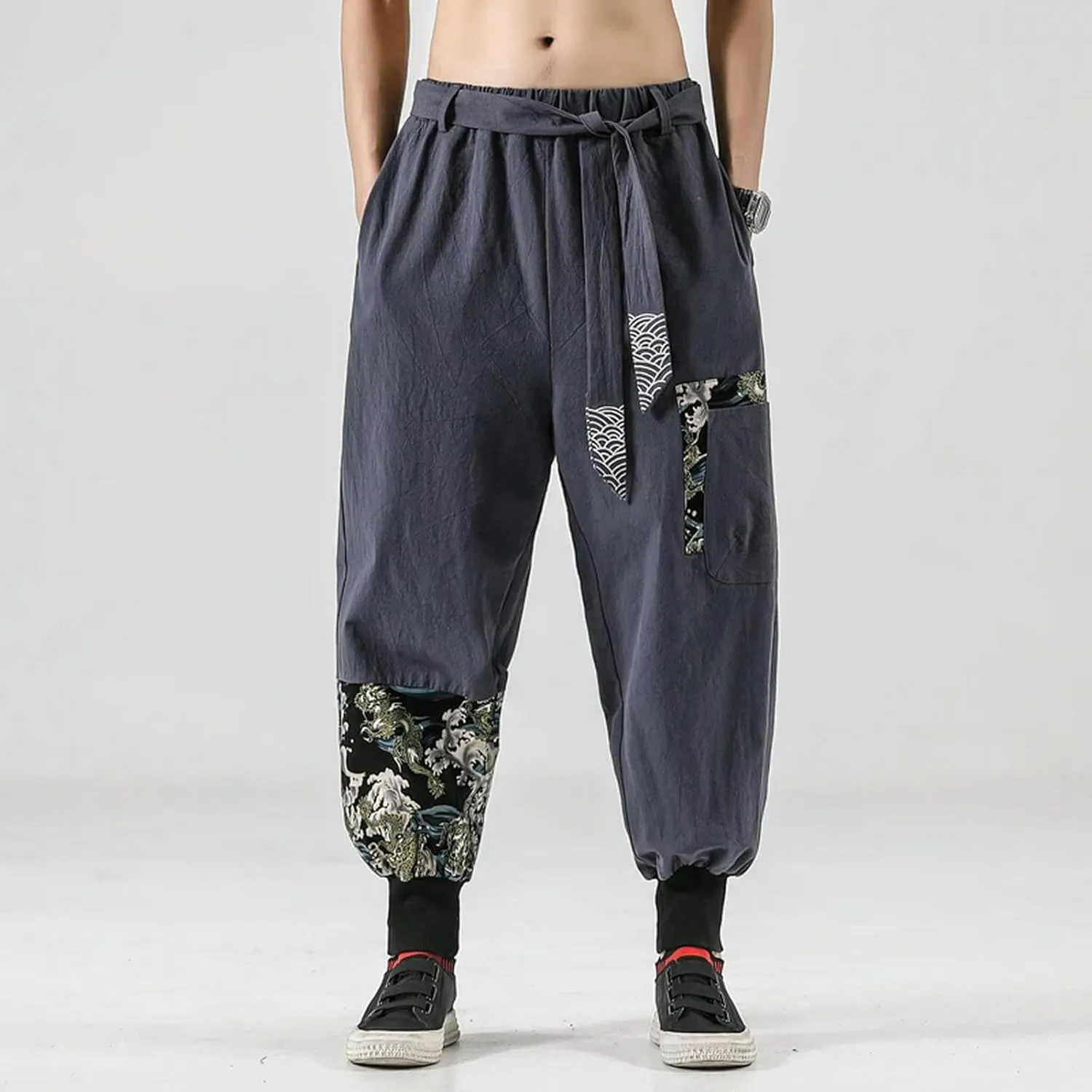Men Cotton Linen Japanese Costume Print Belt Harem Pants Hip Hop Trousers Plus Size