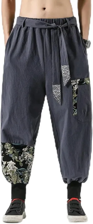 Men Cotton Linen Japanese Costume Print Belt Harem Pants Hip Hop Trousers Plus Size