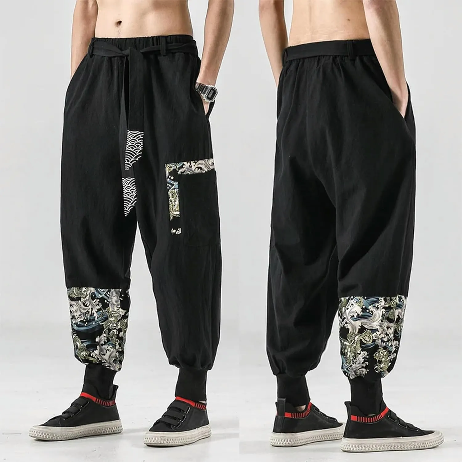 Men Cotton Linen Japanese Costume Print Belt Harem Pants Hip Hop Trousers Plus Size