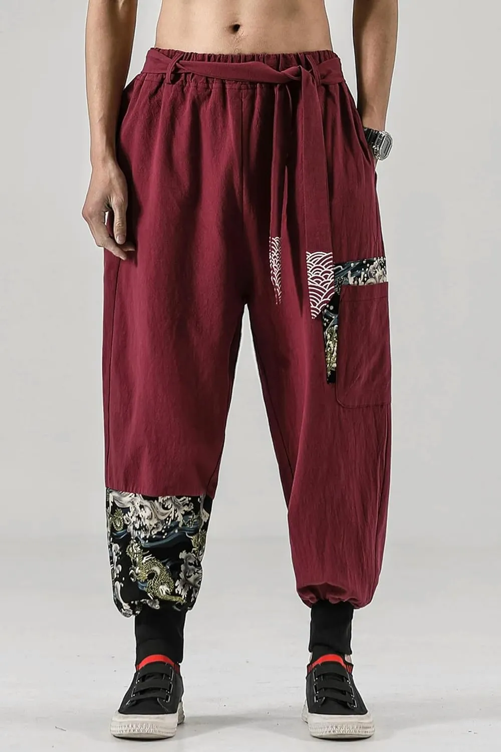 Men Cotton Linen Japanese Costume Print Belt Harem Pants Hip Hop Trousers Plus Size