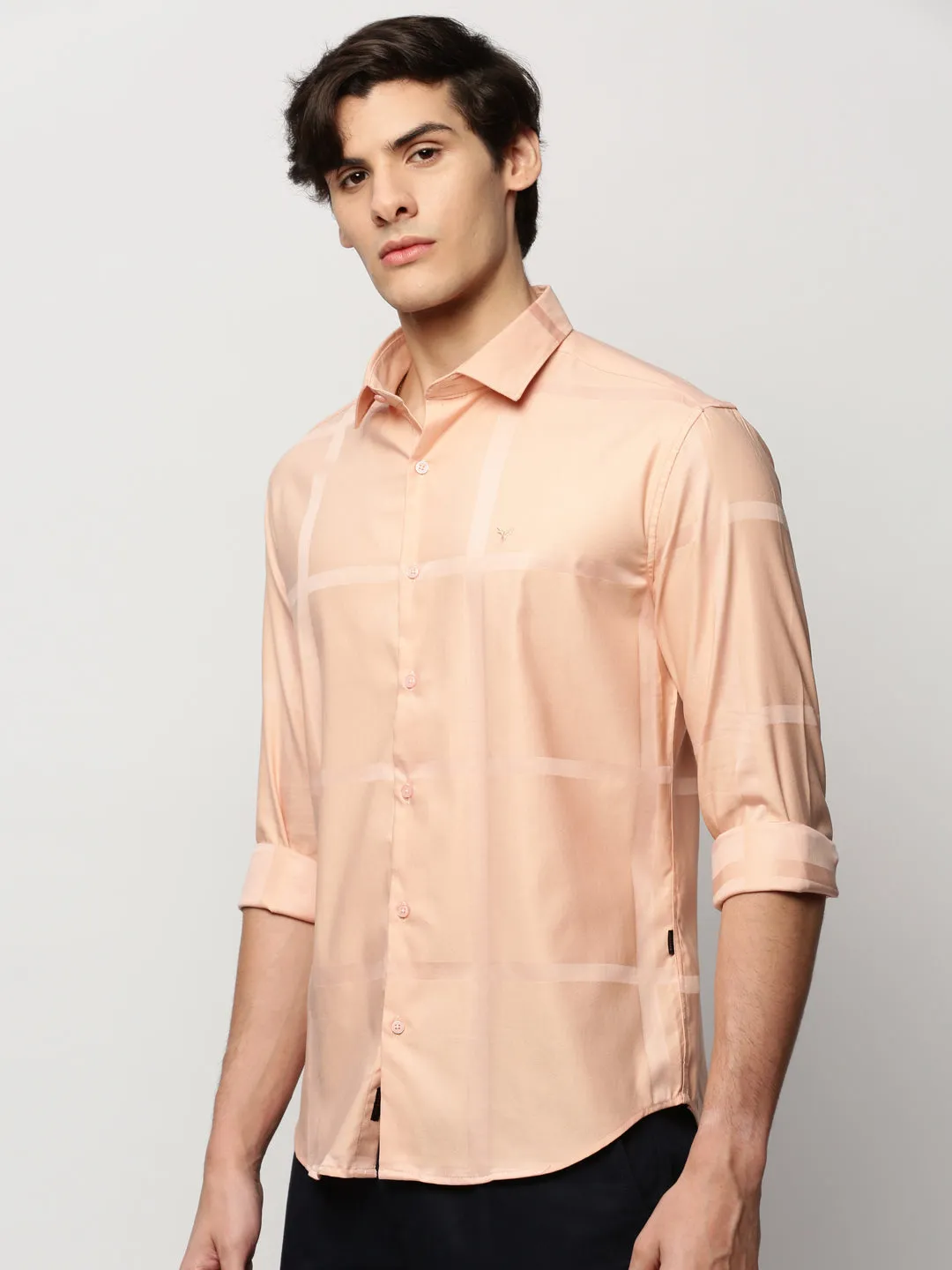 Men Peach Premium Slim Fit Windowpane Checks Cotton Twill Casual Shirt
