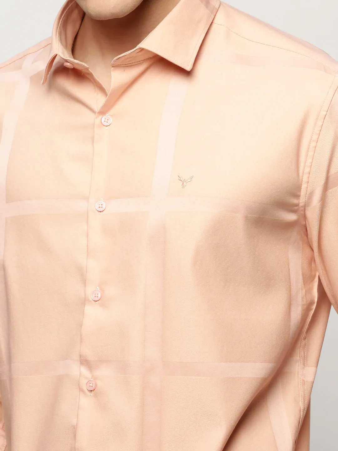 Men Peach Premium Slim Fit Windowpane Checks Cotton Twill Casual Shirt
