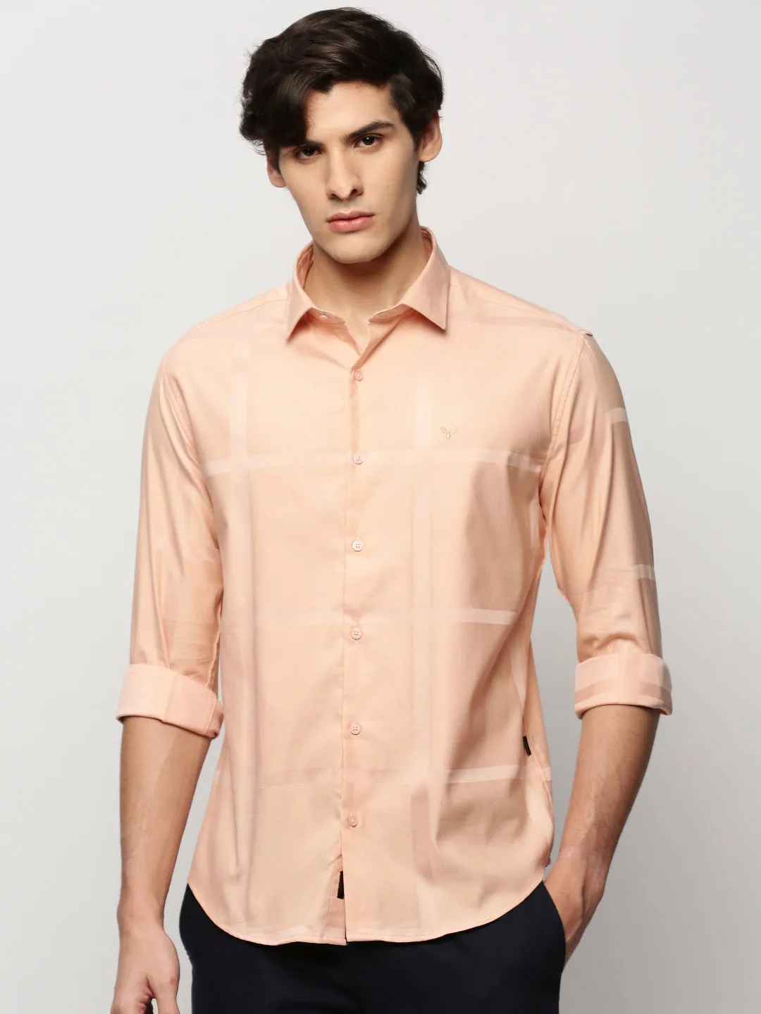 Men Peach Premium Slim Fit Windowpane Checks Cotton Twill Casual Shirt