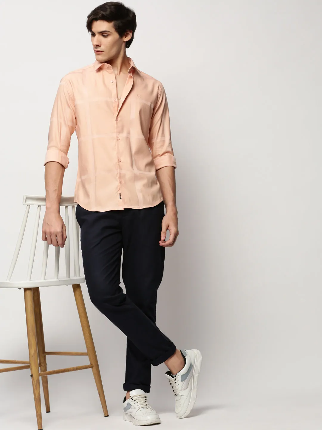 Men Peach Premium Slim Fit Windowpane Checks Cotton Twill Casual Shirt