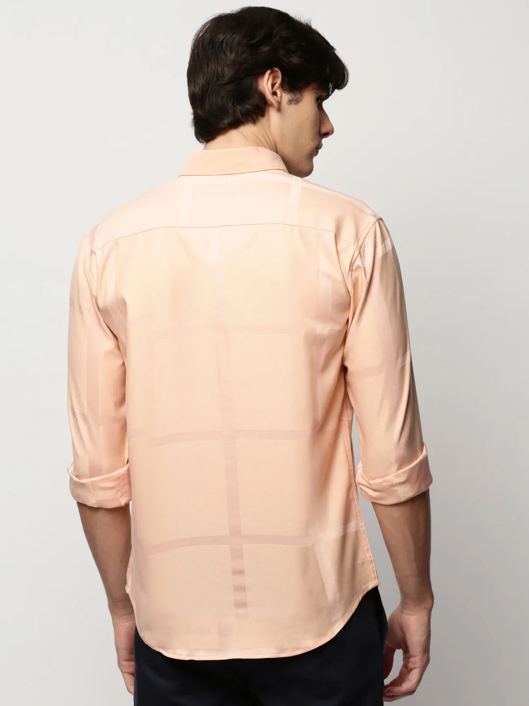Men Peach Premium Slim Fit Windowpane Checks Cotton Twill Casual Shirt
