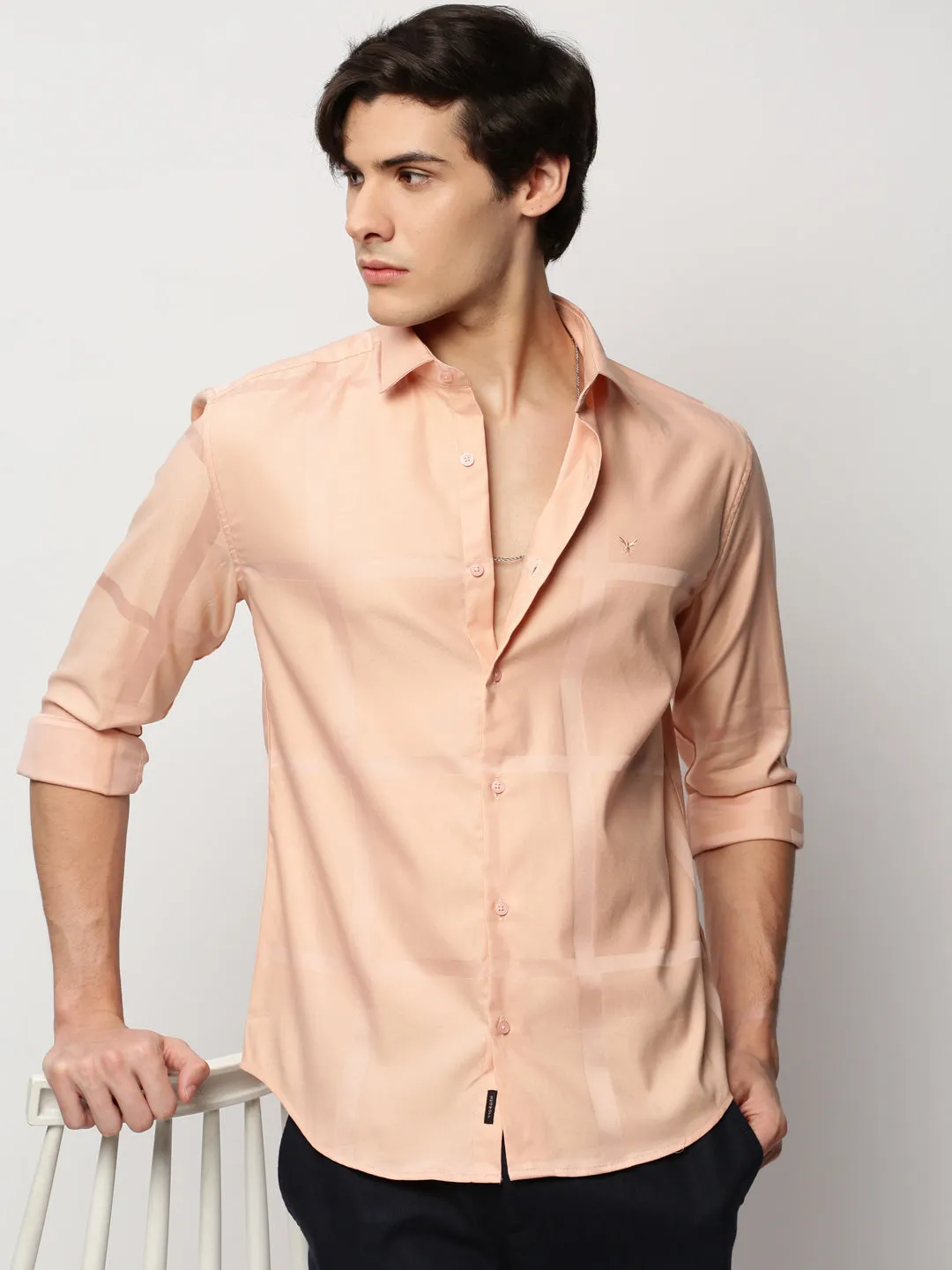Men Peach Premium Slim Fit Windowpane Checks Cotton Twill Casual Shirt