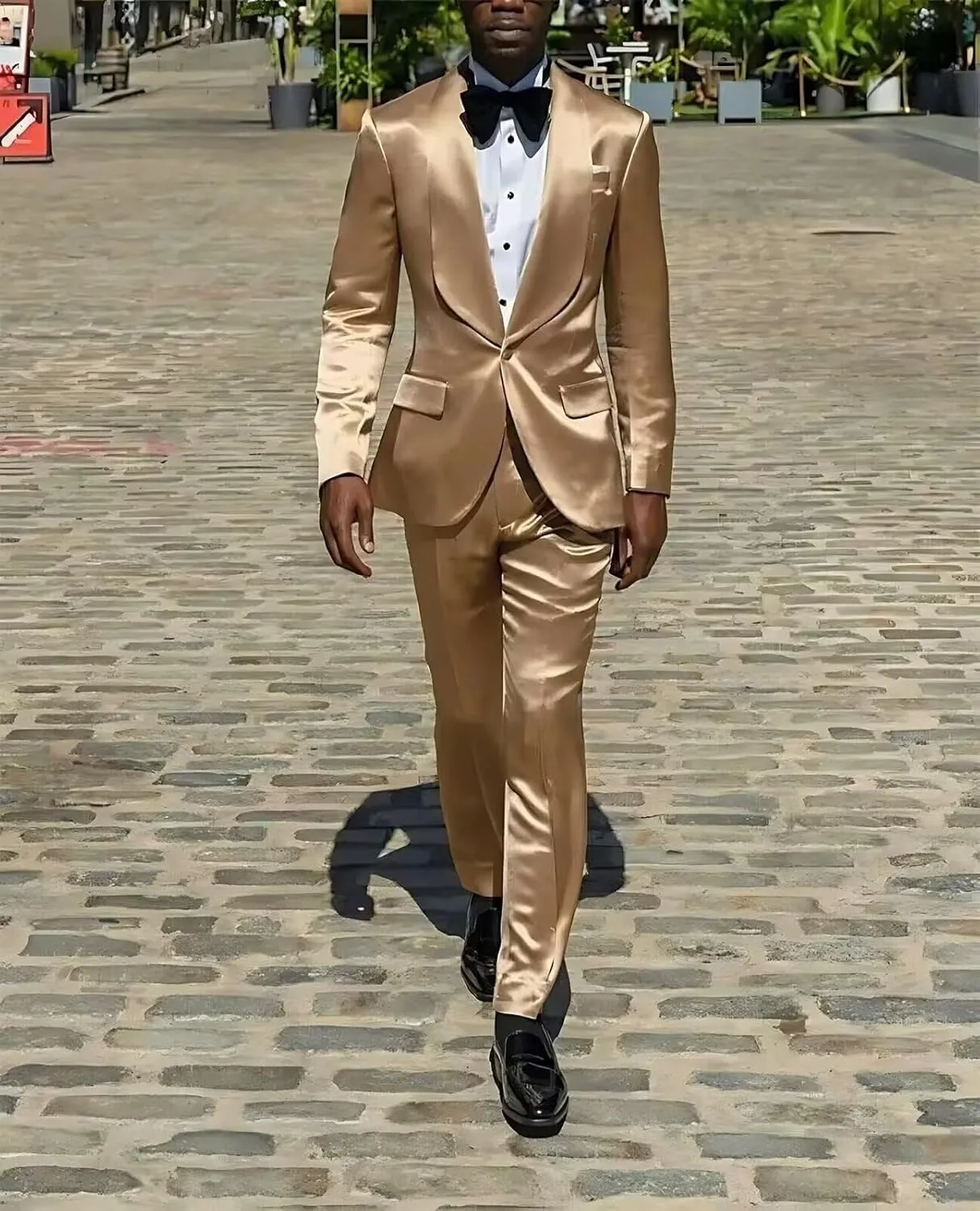 Mens 2 Piece Satin Suit One Button Slim Fit Formal Wedding Prom Party Tuxedo Suits Blazer Pants Set