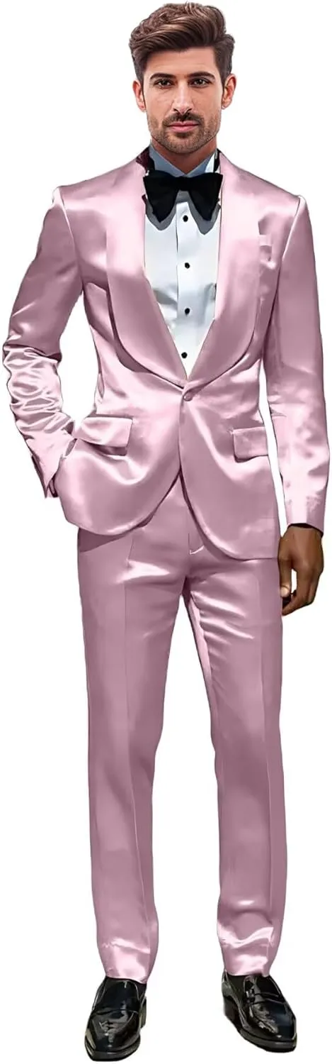 Mens 2 Piece Satin Suit One Button Slim Fit Formal Wedding Prom Party Tuxedo Suits Blazer Pants Set