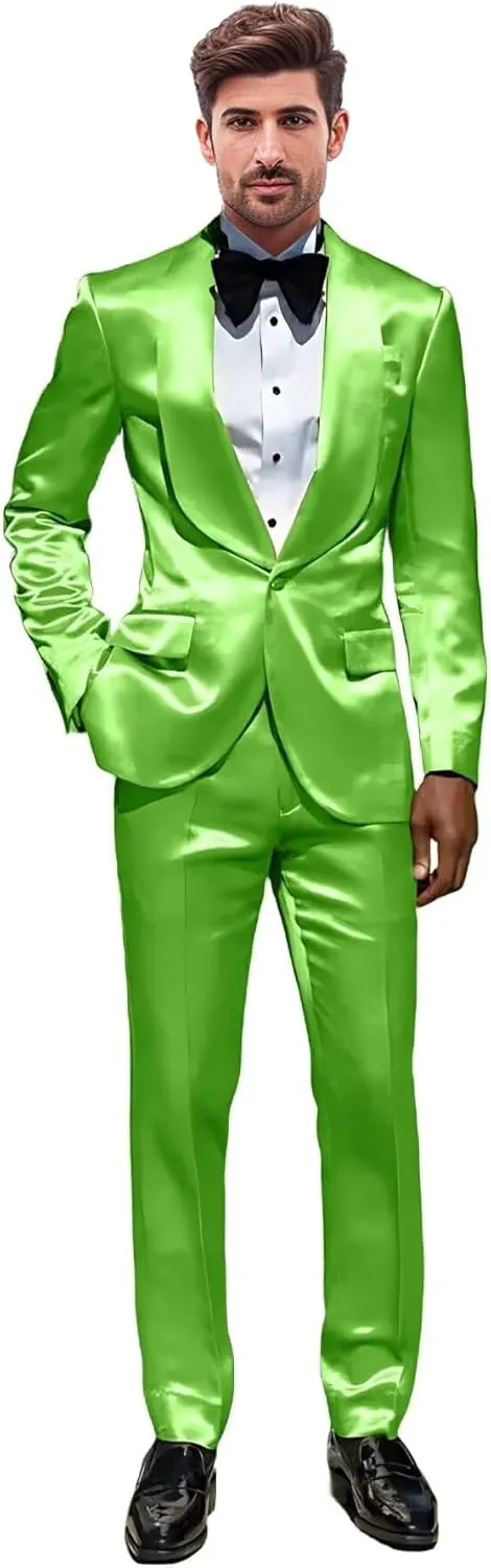 Mens 2 Piece Satin Suit One Button Slim Fit Formal Wedding Prom Party Tuxedo Suits Blazer Pants Set