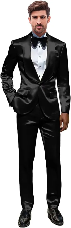 Mens 2 Piece Satin Suit One Button Slim Fit Formal Wedding Prom Party Tuxedo Suits Blazer Pants Set