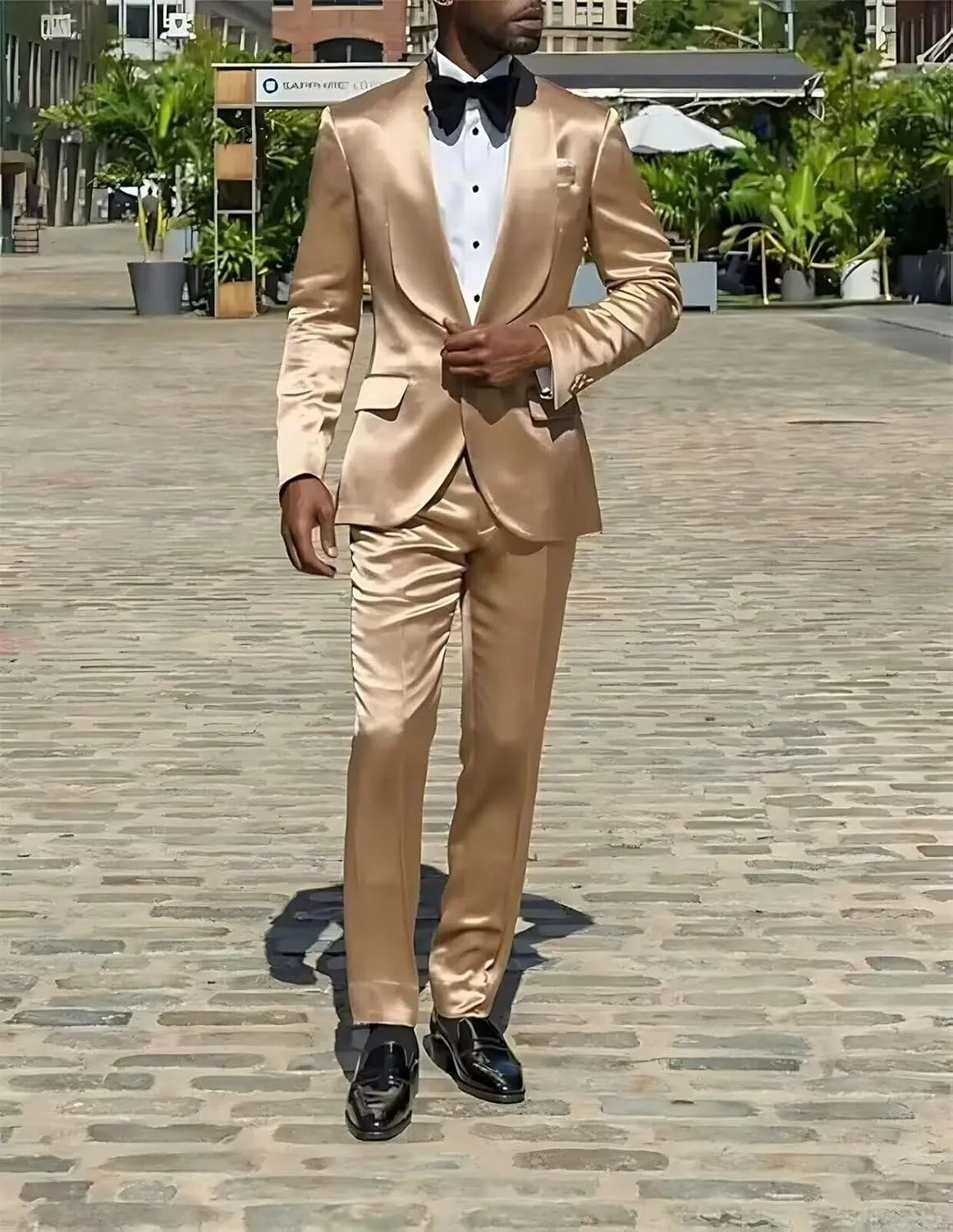 Mens 2 Piece Satin Suit One Button Slim Fit Formal Wedding Prom Party Tuxedo Suits Blazer Pants Set