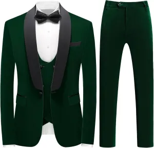 Mens 3 Piece Velvet Slim Fit Suit Tuxedo Suits Shawl Collar One Button Wedding Dinner Prom Jacket Vest Pants Suit Set