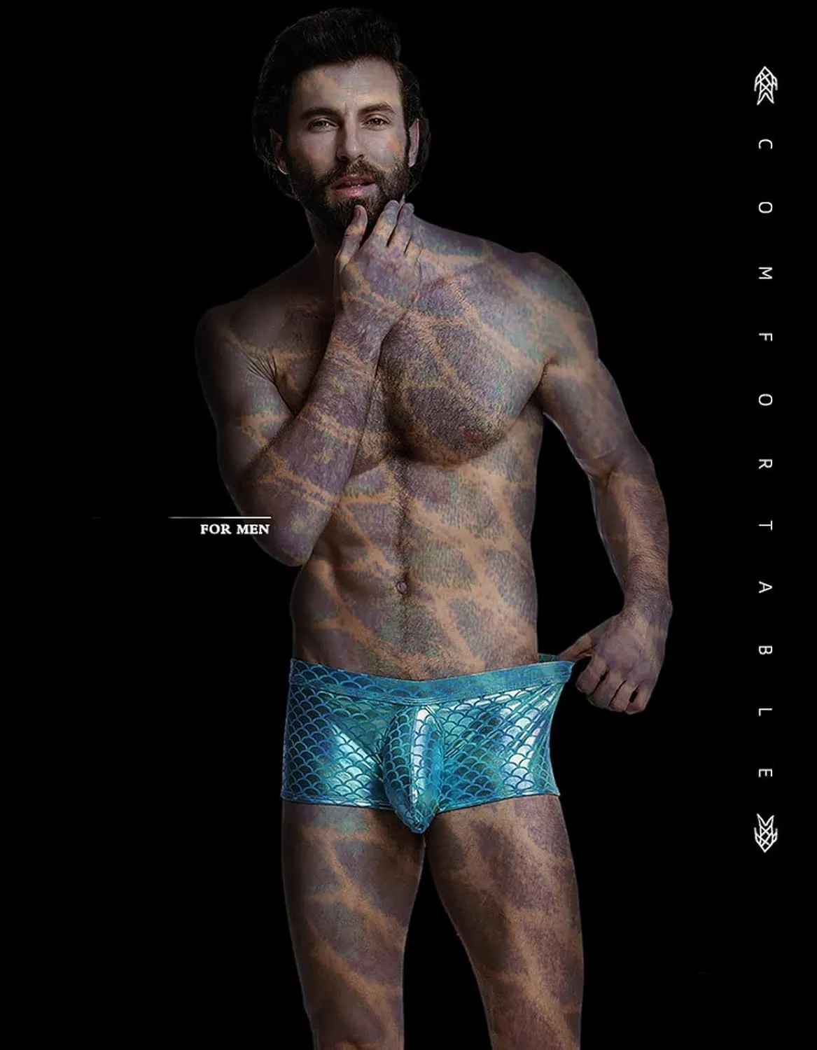 Men's Boxers Fish Scale Imitation Leather Underwear Sexy Big Bag Bikini Thong Swimming Pants