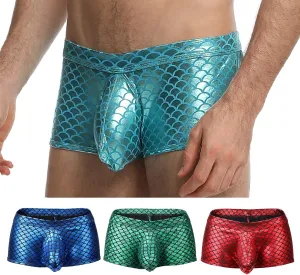 Men's Boxers Fish Scale Imitation Leather Underwear Sexy Big Bag Bikini Thong Swimming Pants