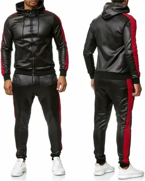 Men's PU Leather Hoodies Set 2 Piece Casual Sweatsuit Hooded Jacket and Pants Jogging Suit Tracksuits Sweat Suits