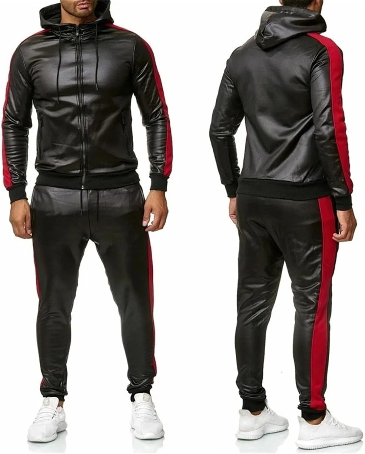 Men's PU Leather Hoodies Set 2 Piece Casual Sweatsuit Hooded Jacket and Pants Jogging Suit Tracksuits Sweat Suits