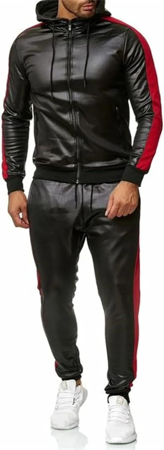 Men's PU Leather Hoodies Set 2 Piece Casual Sweatsuit Hooded Jacket and Pants Jogging Suit Tracksuits Sweat Suits