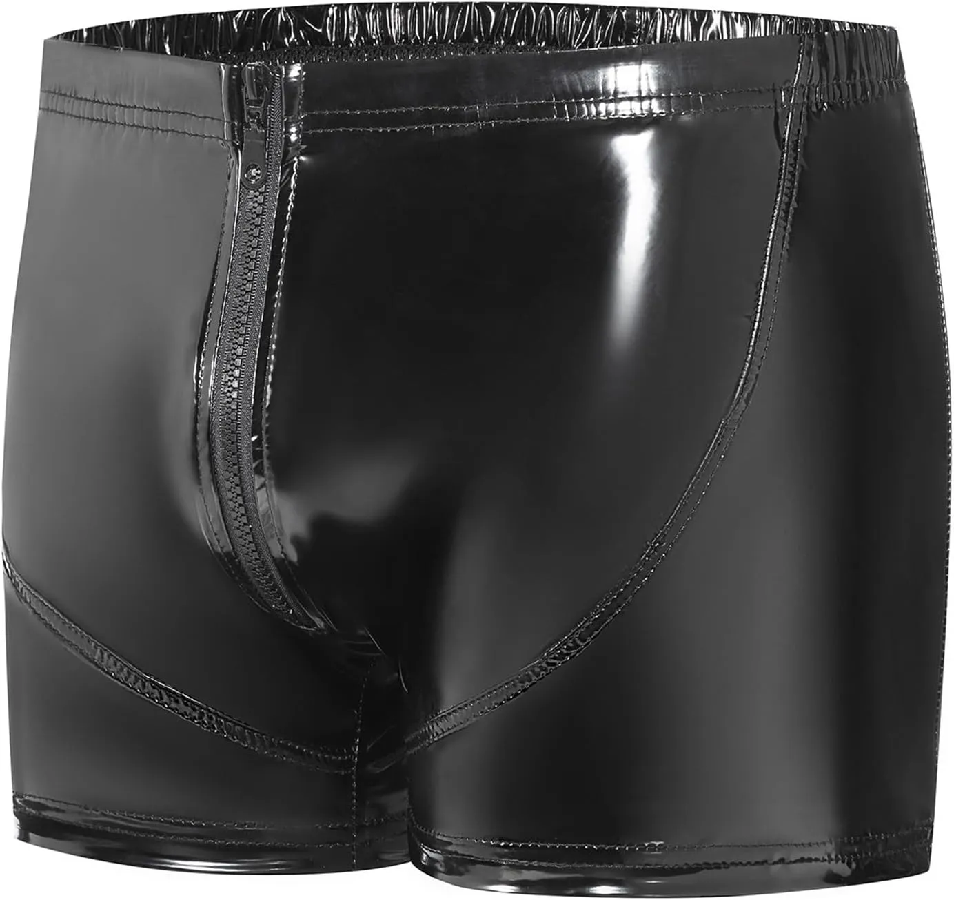 Mens Sexy Patent Leather Shorts Shiny Metallic Short Pants Zipper Button Crotch Boxer Briefs
