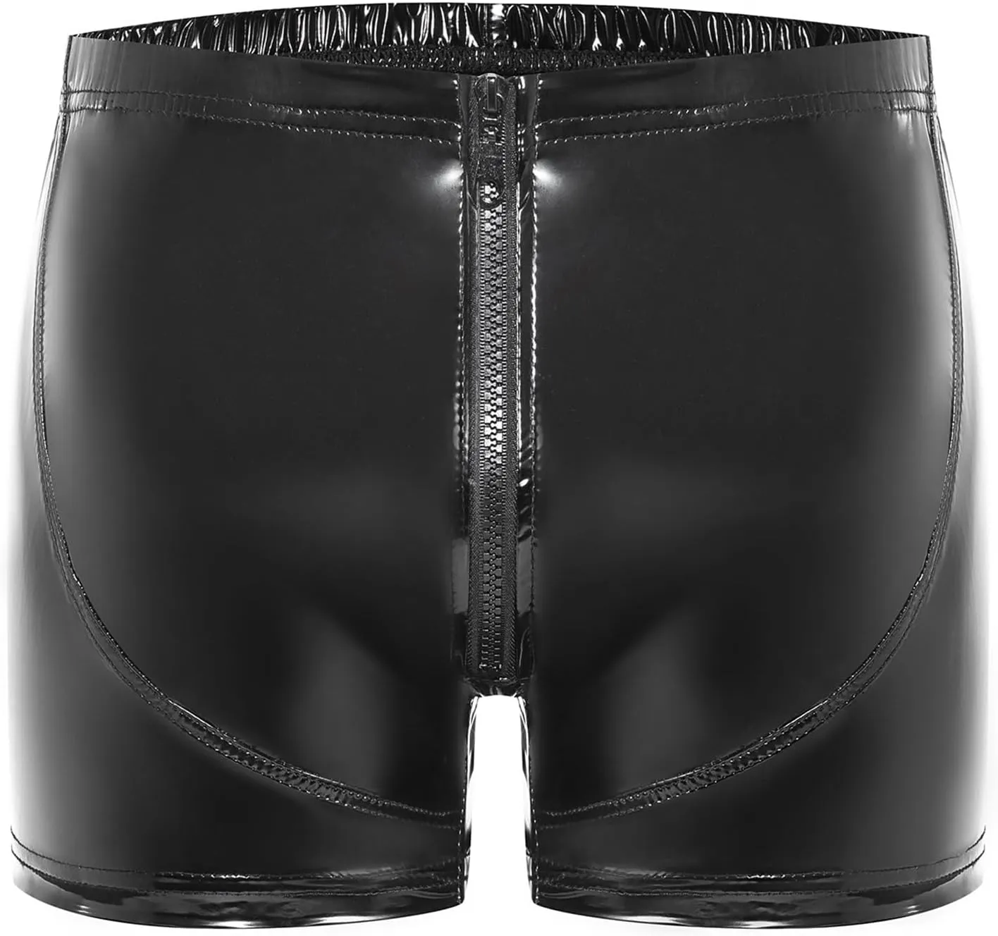 Mens Sexy Patent Leather Shorts Shiny Metallic Short Pants Zipper Button Crotch Boxer Briefs