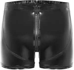 Mens Sexy Patent Leather Shorts Shiny Metallic Short Pants Zipper Button Crotch Boxer Briefs