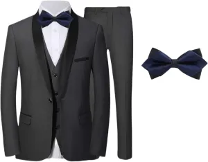Mens Suit Set 4 Piece Suit Slim Fit Tuxedo Jacket Vest and Pants Set Wedding Suit for Prom Party Dinner with One Bow-tie