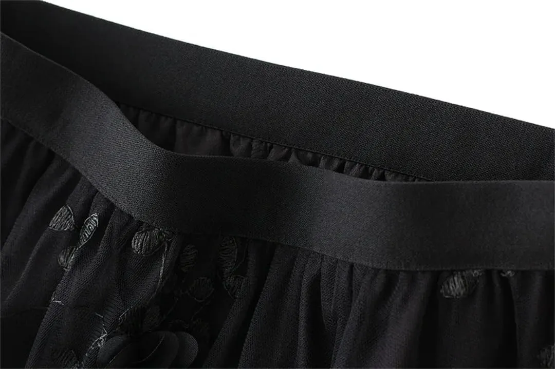 Mesh Skirt for Women Embroidery High Waist Pleated A-Line Midi Skirt