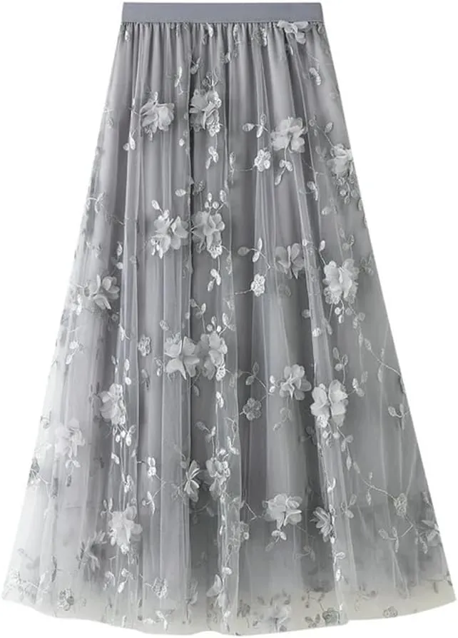 Mesh Skirt for Women Embroidery High Waist Pleated A-Line Midi Skirt