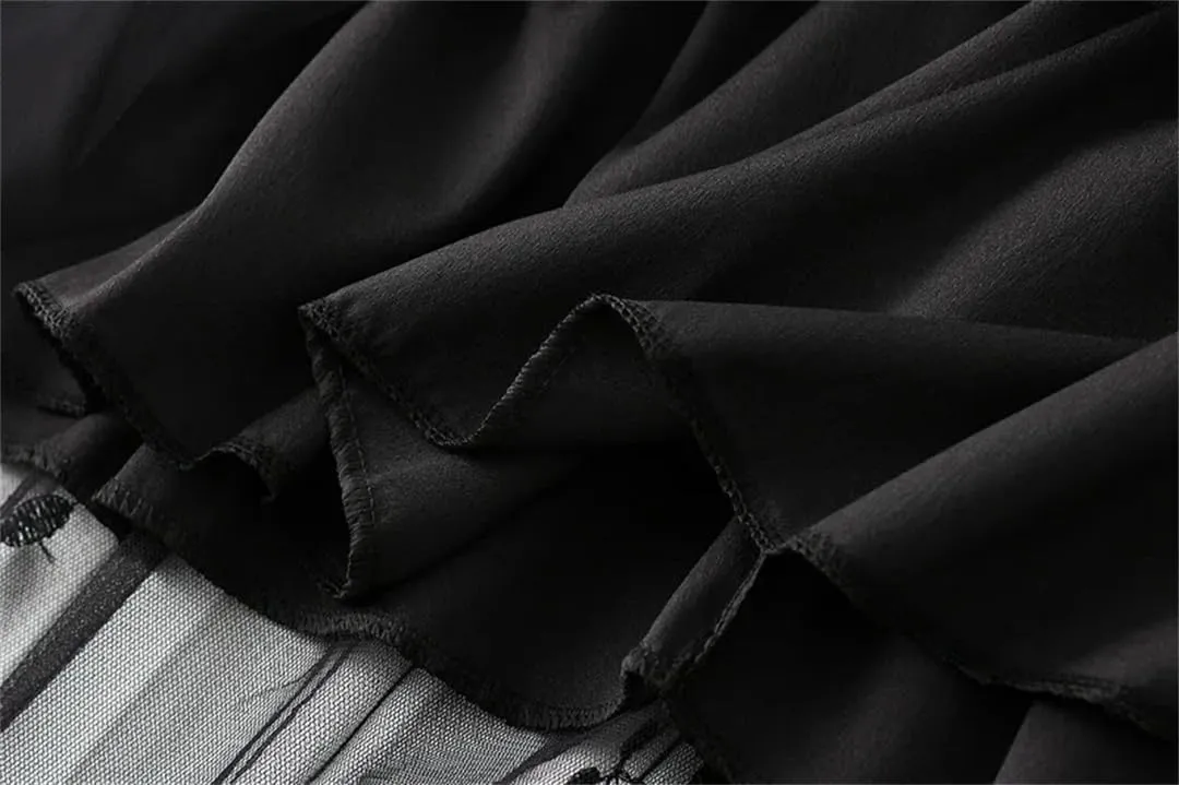 Mesh Skirt for Women Embroidery High Waist Pleated A-Line Midi Skirt