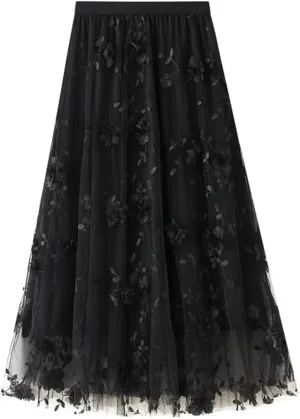 Mesh Skirt for Women Embroidery High Waist Pleated A-Line Midi Skirt