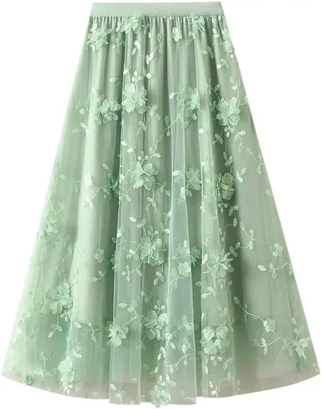 Mesh Skirt for Women Embroidery High Waist Pleated A-Line Midi Skirt