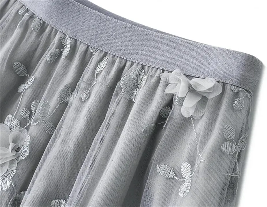 Mesh Skirt for Women Embroidery High Waist Pleated A-Line Midi Skirt