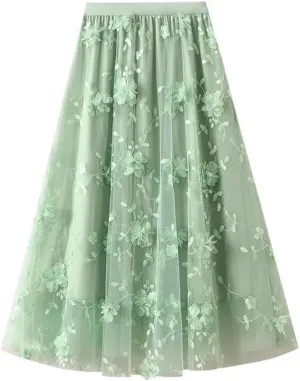 Mesh Skirt for Women Embroidery High Waist Pleated A-Line Midi Skirt