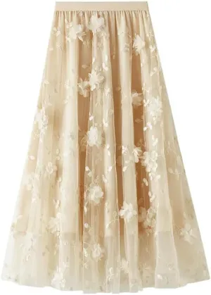 Mesh Skirt for Women Embroidery High Waist Pleated A-Line Midi Skirt