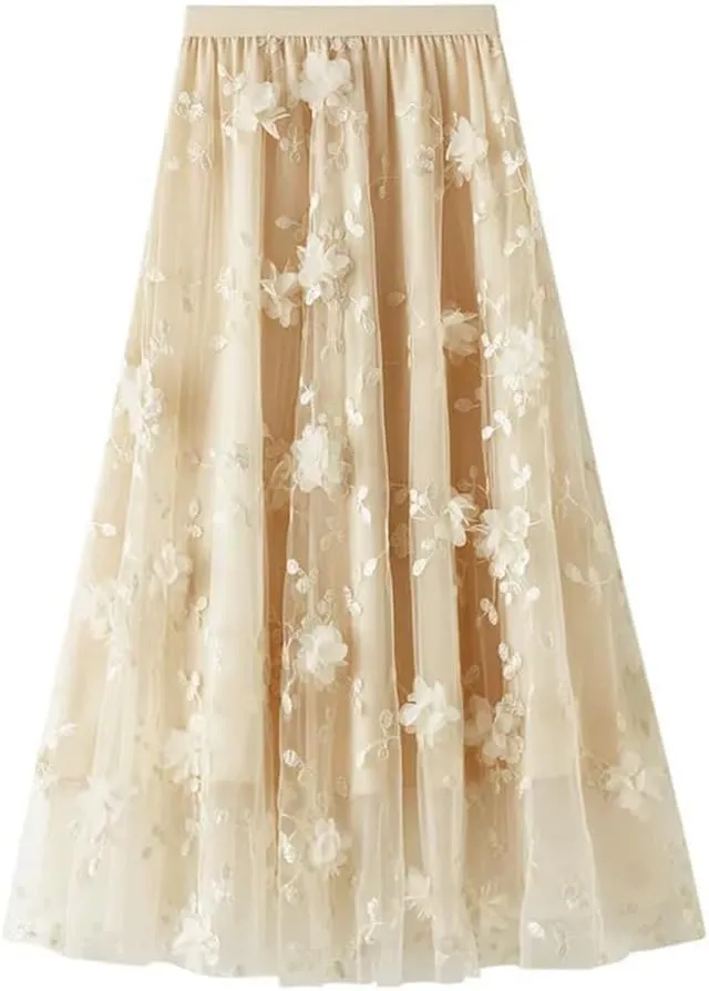 Mesh Skirt for Women Embroidery High Waist Pleated A-Line Midi Skirt