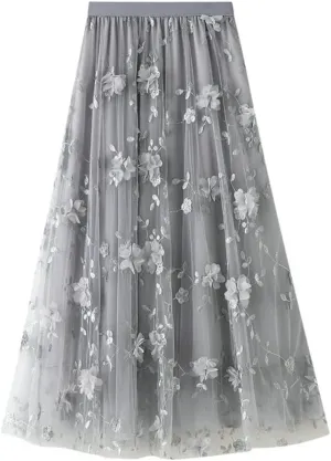 Mesh Skirt for Women Embroidery High Waist Pleated A-Line Midi Skirt