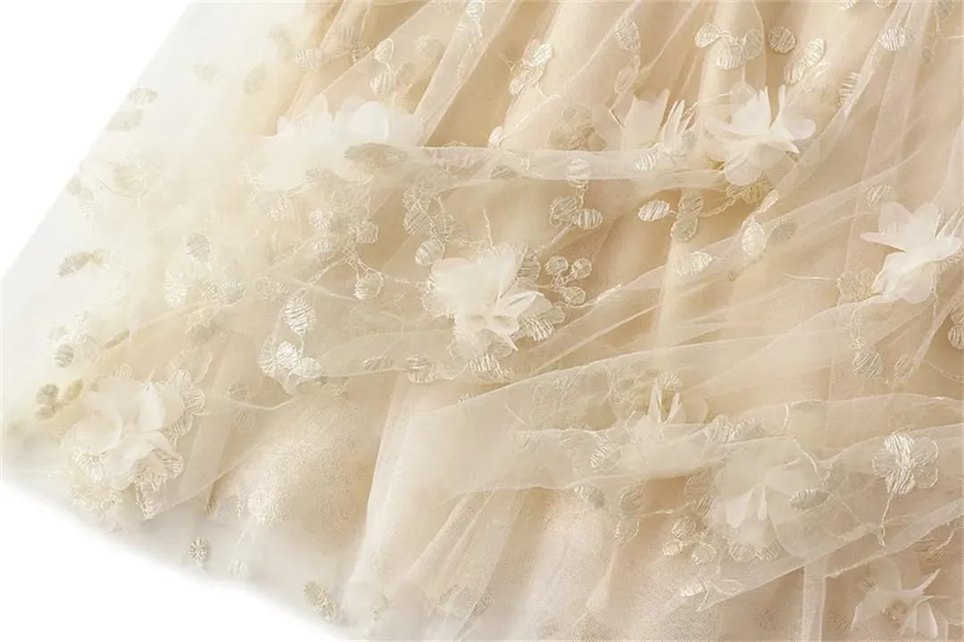 Mesh Skirt for Women Embroidery High Waist Pleated A-Line Midi Skirt