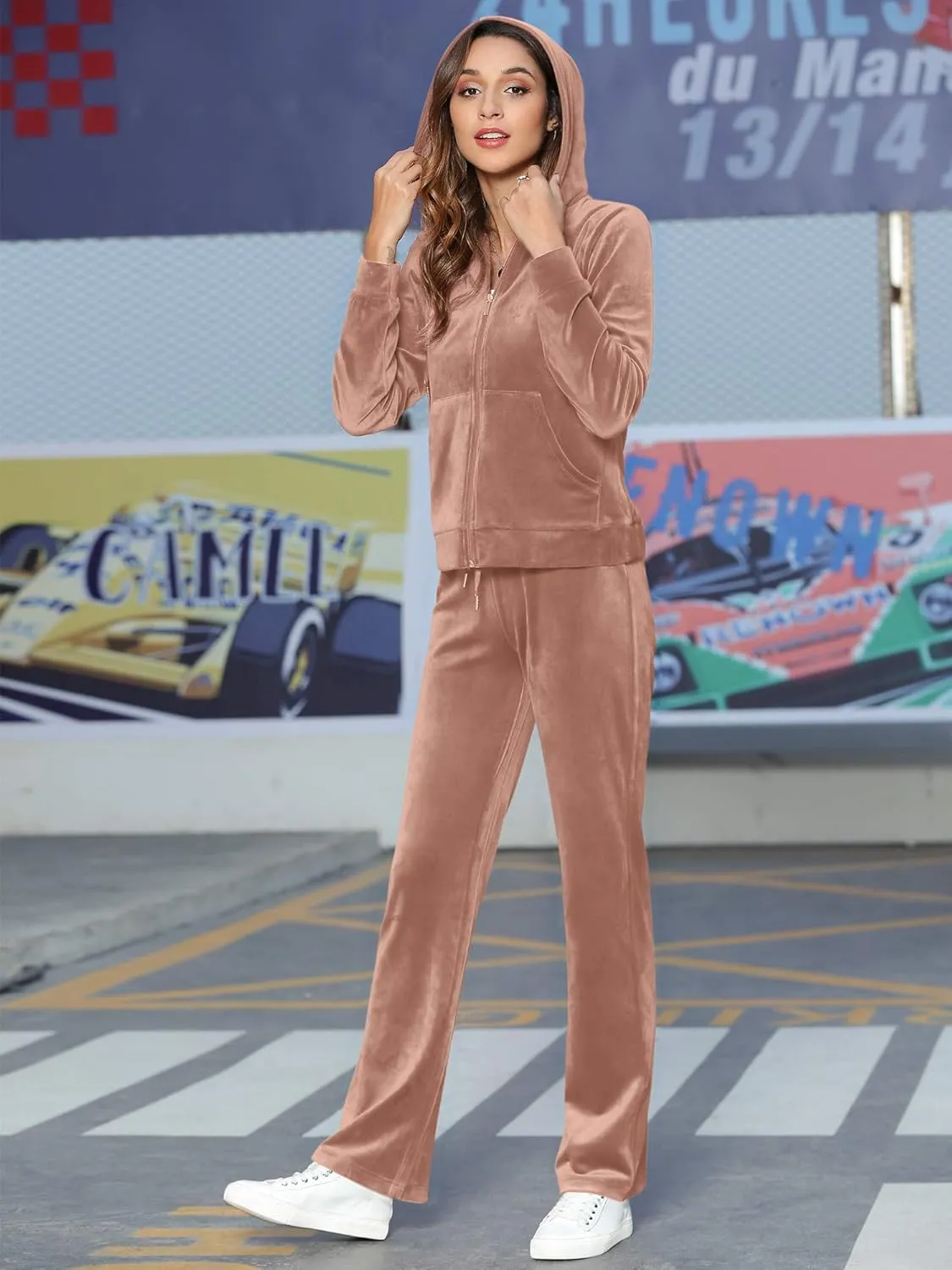 MessBebe Womens Velour Tracksuits Set Long Sleeve Sweatsuits 2 Piece Sports Outfit Zip Hoodie Sweatpants Joggers Set