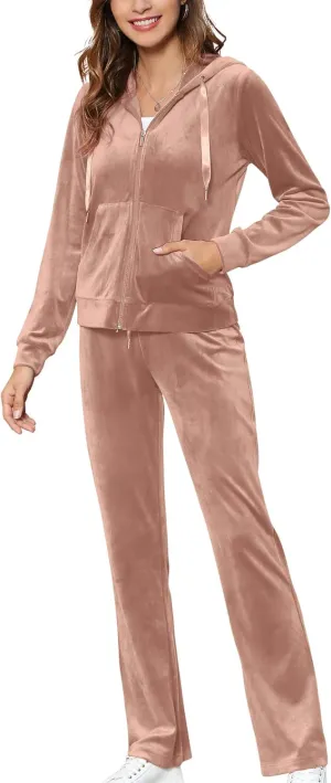 MessBebe Womens Velour Tracksuits Set Long Sleeve Sweatsuits 2 Piece Sports Outfit Zip Hoodie Sweatpants Joggers Set