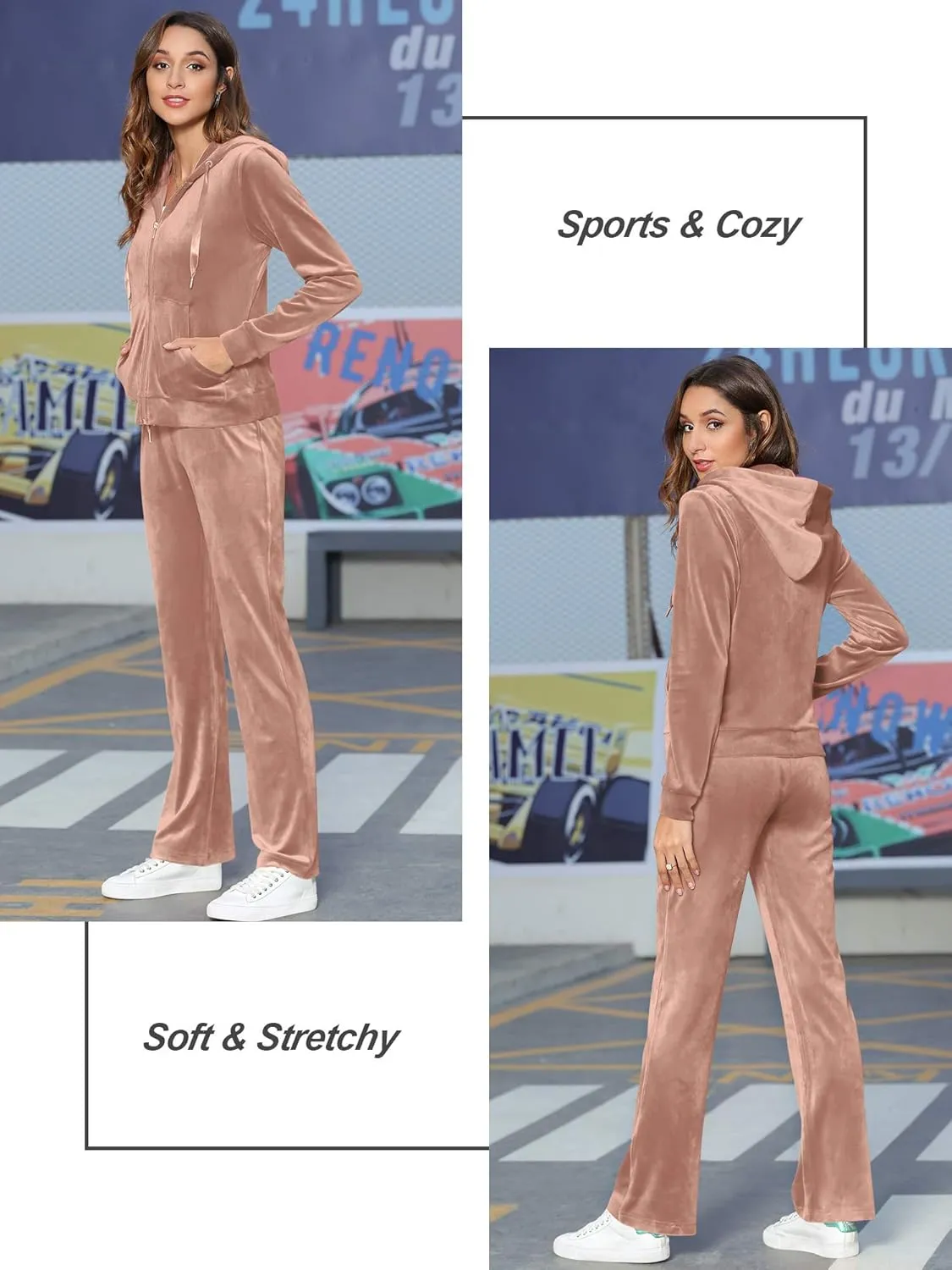 MessBebe Womens Velour Tracksuits Set Long Sleeve Sweatsuits 2 Piece Sports Outfit Zip Hoodie Sweatpants Joggers Set
