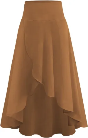 Midi Skirt for Women Summer High Waist Pleated A-Line Flowy Skirt Irregular Hem Ruffle Swing Tiered Long Beach Skirt