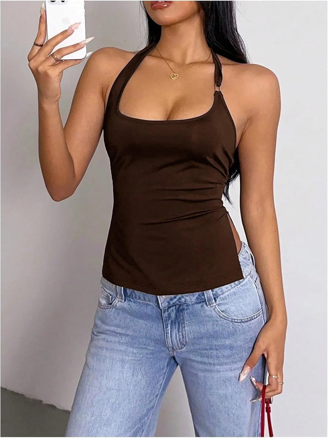 Milumia Women's Scoop Neck Low Cut Ruched Backless Halter Top Y2K Side Slit Fitted Sleeveless Tank Tops